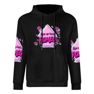 Eyes Up Here, Romeo Hoodie – Black Hoodie with Flirty Pink Arrow and Heart Graphic