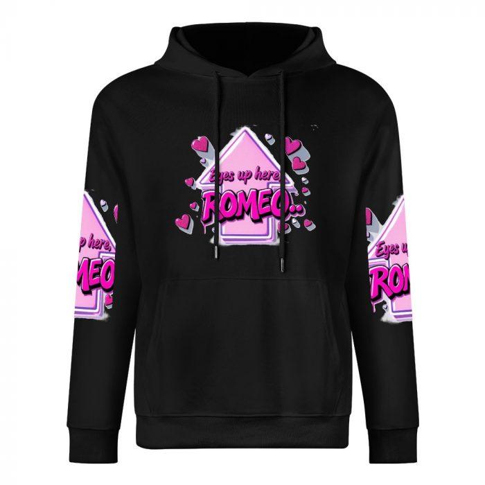 Eyes Up Here, Romeo Hoodie – Black Hoodie with Flirty Pink Arrow and Heart Graphic