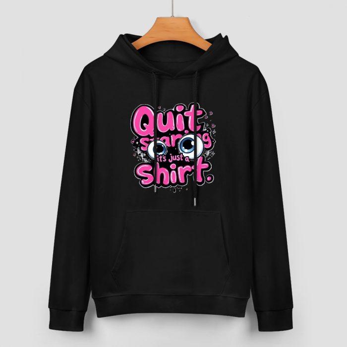 Quit Staring Hoodie – Black Hoodie with Bold Pink Graffiti Text and Cartoon Eyes - Image 2