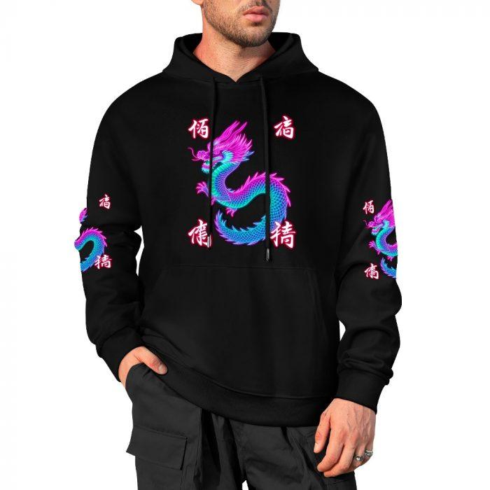 Twisted Dragon Hoodie – Black Hoodie with Neon Pink & Blue Dragon and Kanji Graphics - Image 4