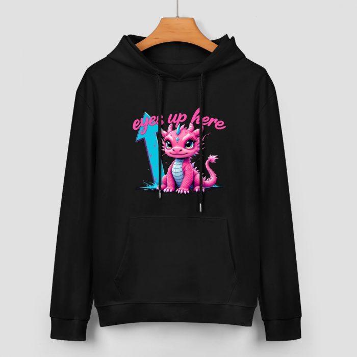 Eyes Up Here Hoodie – Black Hoodie with Cute Pink Dragon and Blue Arrow Graphic - Image 2
