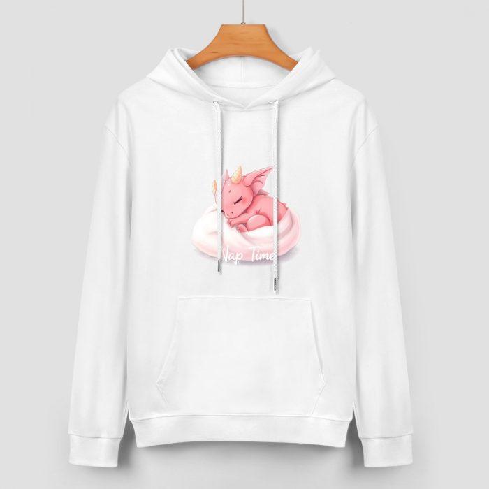 Nap Time Dragon Hoodie – White Hoodie with Cute Pink Sleeping Dragon Graphic - Image 2