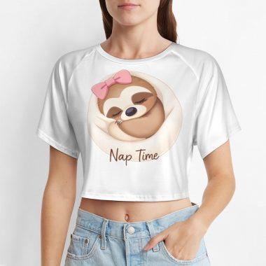 Nap Time Sloth Crop Top – Cute Lazy Day Tee with Pink Bow Sloth Graphic