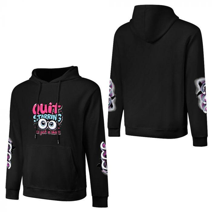Quit Staring Hoodie – Black Hoodie with Bold Eyes Graphic and CCC Sleeve Print - Image 3