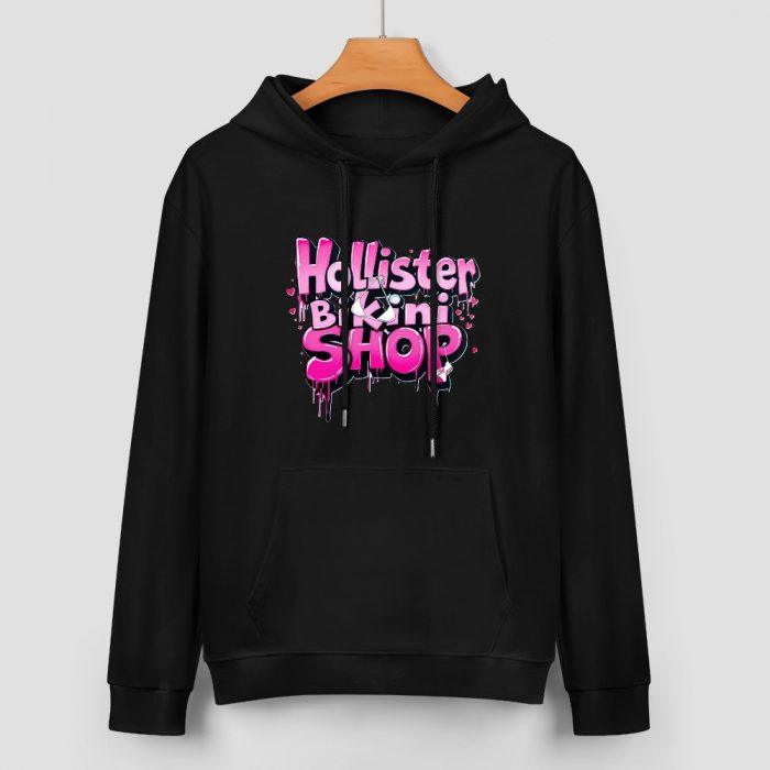 Hollister Bikini Shop Hoodie – Black Hoodie with Pink Graffiti-Style Beach Shop Logo - Image 2