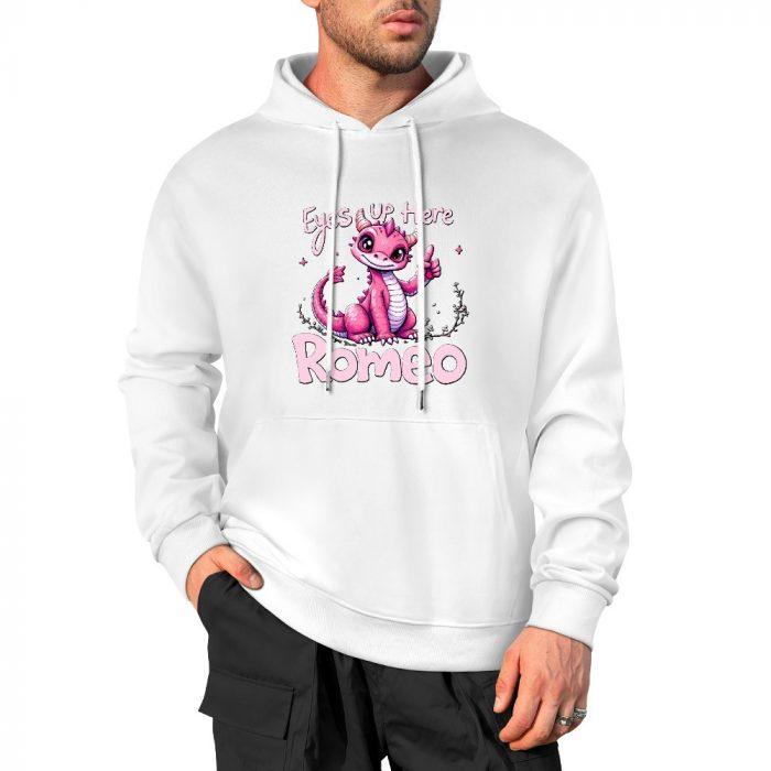 Eyes Up Here Romeo Hoodie – Cute Pink Dragon Hoodie with Flirty Script Design - Image 3