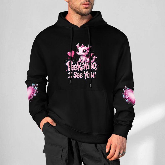 Peekaboo I See You Hoodie – Black Hoodie with Cute Pink Dragon and Heart Sleeve Graphics - Image 5