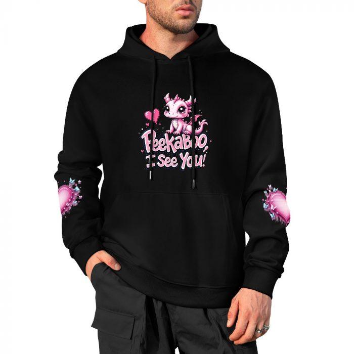 Peekaboo I See You Hoodie – Black Hoodie with Cute Pink Dragon and Heart Sleeve Graphics - Image 4