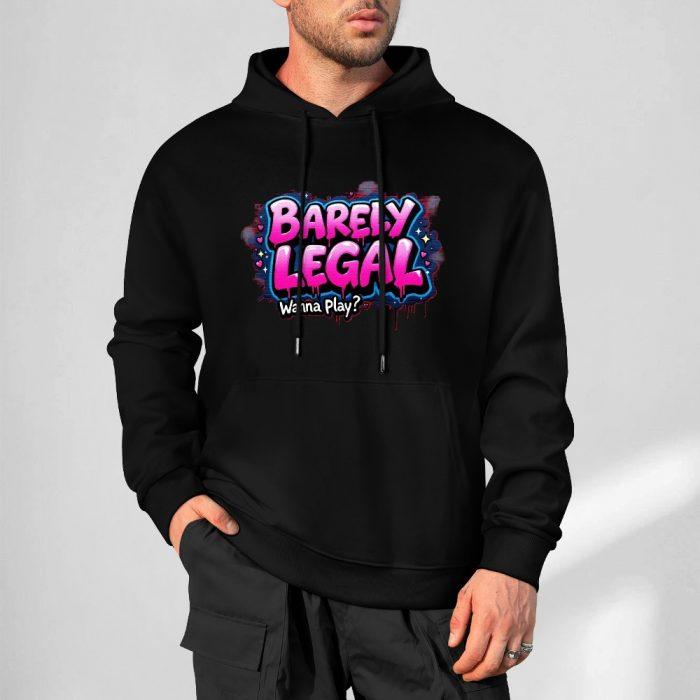 Barely Legal Hoodie – Black Hoodie with Bold Pink and Blue “Wanna Play?” Graphic - Image 5