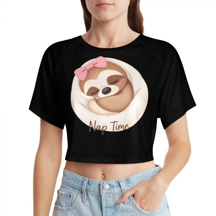Nap Time Sloth Crop Top – Cute Lazy Day Tee with Pink Bow Sloth Graphic - Image 10