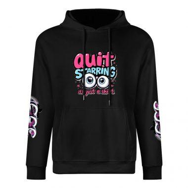 Quit Staring Hoodie – Black Hoodie with Bold Eyes Graphic and CCC Sleeve Print