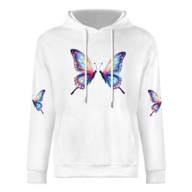 Rainbow Butterfly Hoodie – White Hoodie with Colorful Butterfly Chest and Sleeve Print
