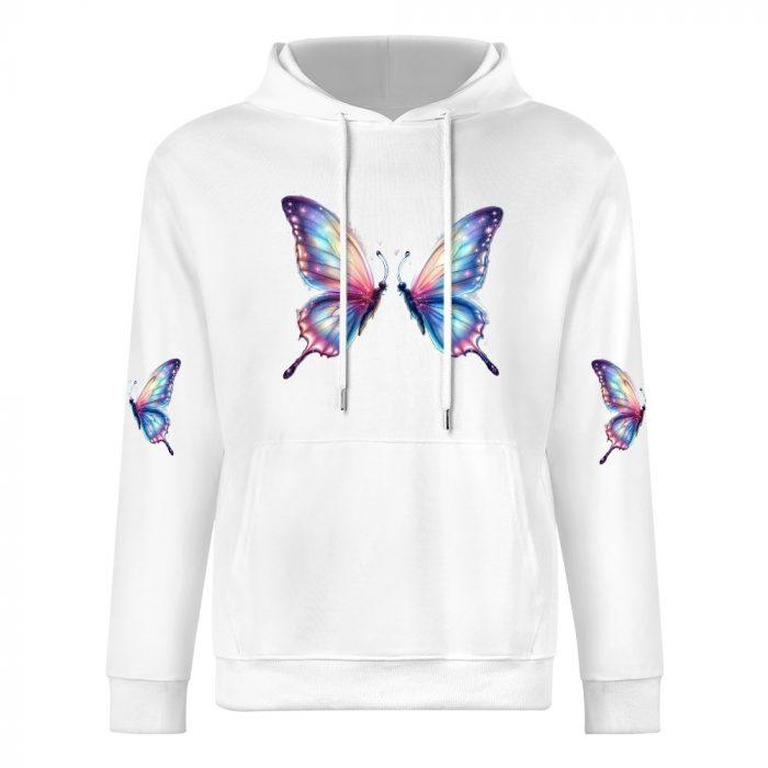 Rainbow Butterfly Hoodie – White Hoodie with Colorful Butterfly Chest and Sleeve Print