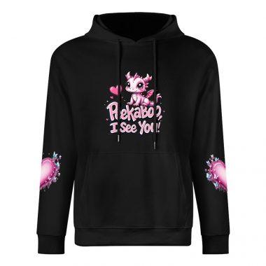 Peekaboo I See You Hoodie – Black Hoodie with Cute Pink Dragon and Heart Sleeve Graphics