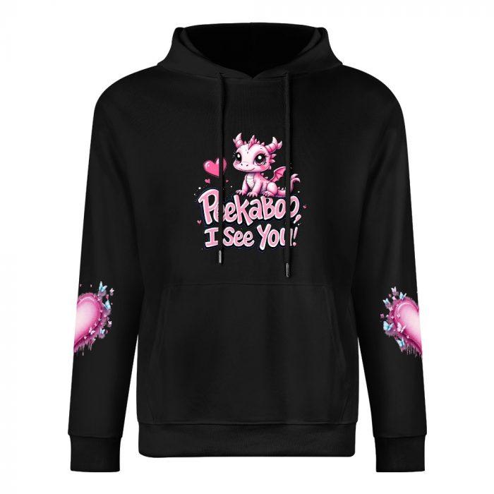 Peekaboo I See You Hoodie – Black Hoodie with Cute Pink Dragon and Heart Sleeve Graphics