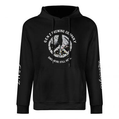 Gen Z Brewing Company Hoodie – Black Hoodie with Cracked Peace Sign and “Since You’re Still Here” Slogan