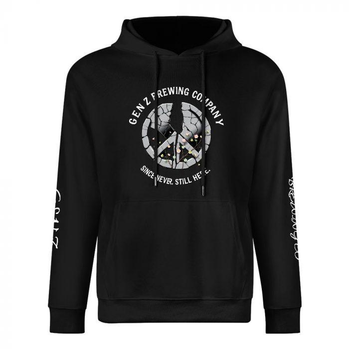 Gen Z Brewing Company Hoodie – Black Hoodie with Cracked Peace Sign and “Since You’re Still Here” Slogan