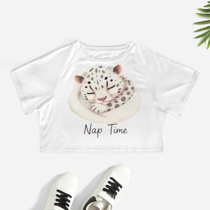 Nap Time Snow Leopard Crop Top – Cute Relaxed Fit Animal Graphic Tee for Women - Image 2