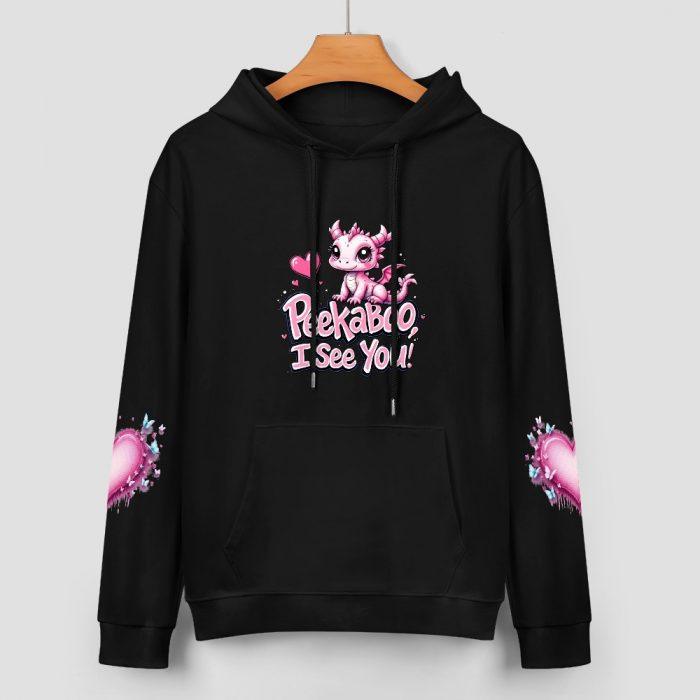 Peekaboo I See You Hoodie – Black Hoodie with Cute Pink Dragon and Heart Sleeve Graphics - Image 2