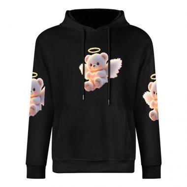Angel Bear Hoodie – Black Hoodie with Halo Teddy Bear and Wing Sleeve Prints