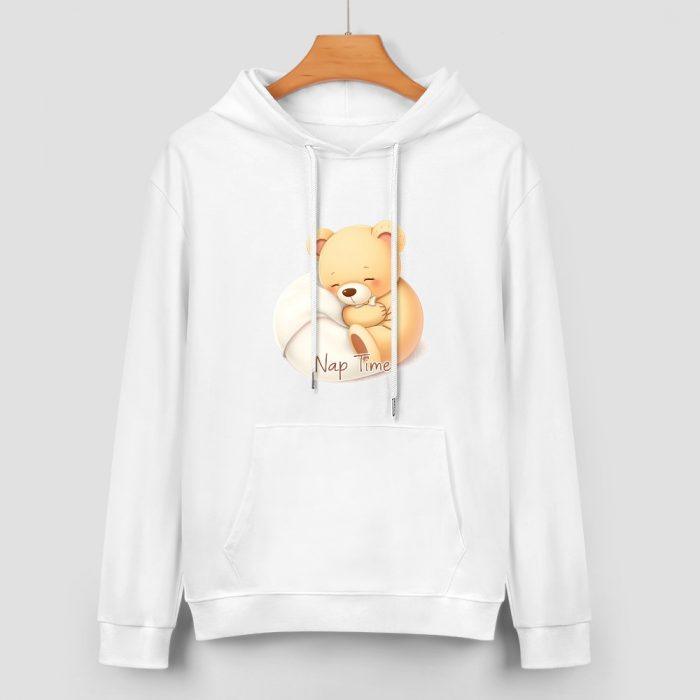 Nap Time Teddy Hoodie – Cozy White Hoodie with Sleeping Bear Graphic - Image 2