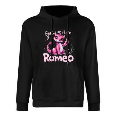 Eyes Up Here, Romeo Hoodie – Black Hoodie with Cute Pink Dragon and Flirty Text