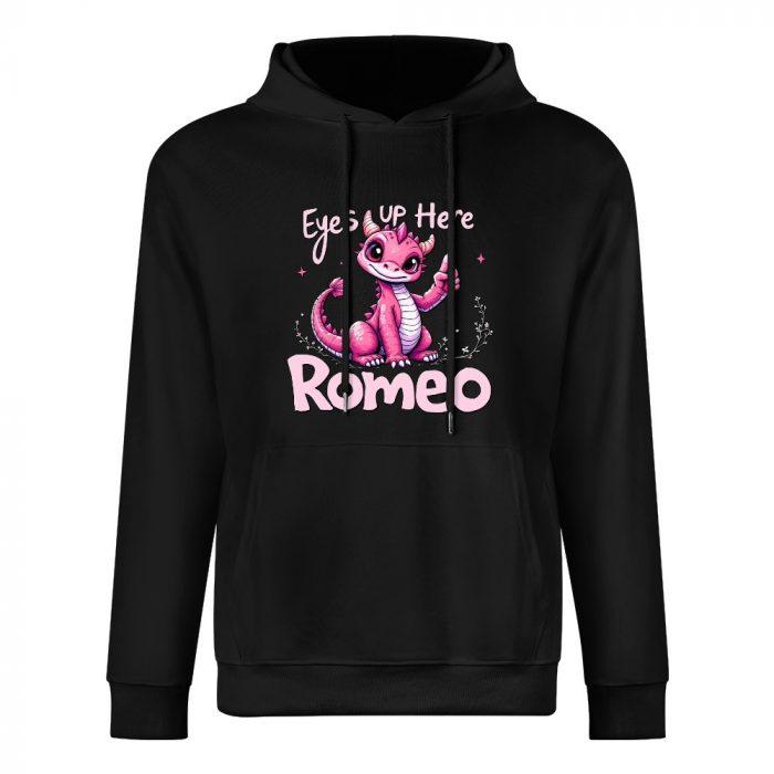 Eyes Up Here, Romeo Hoodie – Black Hoodie with Cute Pink Dragon and Flirty Text