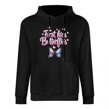 First Kiss Butterflies Hoodie – Black Hoodie with Pink Text and Colorful Butterfly Graphic