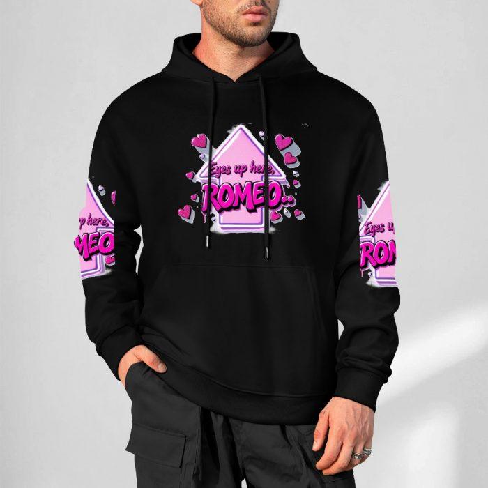 Eyes Up Here, Romeo Hoodie – Black Hoodie with Flirty Pink Arrow and Heart Graphic - Image 5
