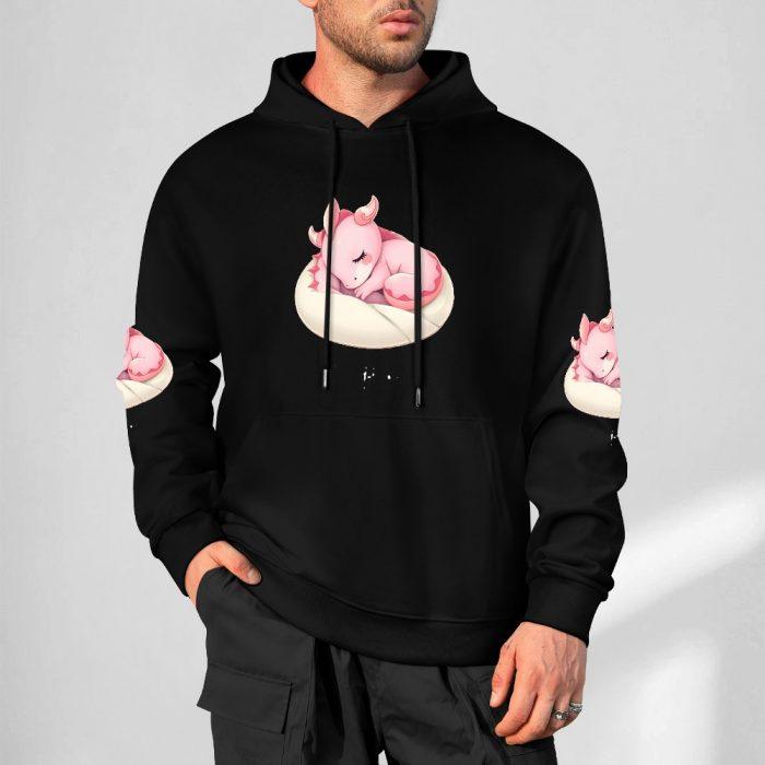 Nap Time Dragon Hoodie – Black Hoodie with Sleeping Pink Dragon and Pillow Sleeve Prints - Image 5