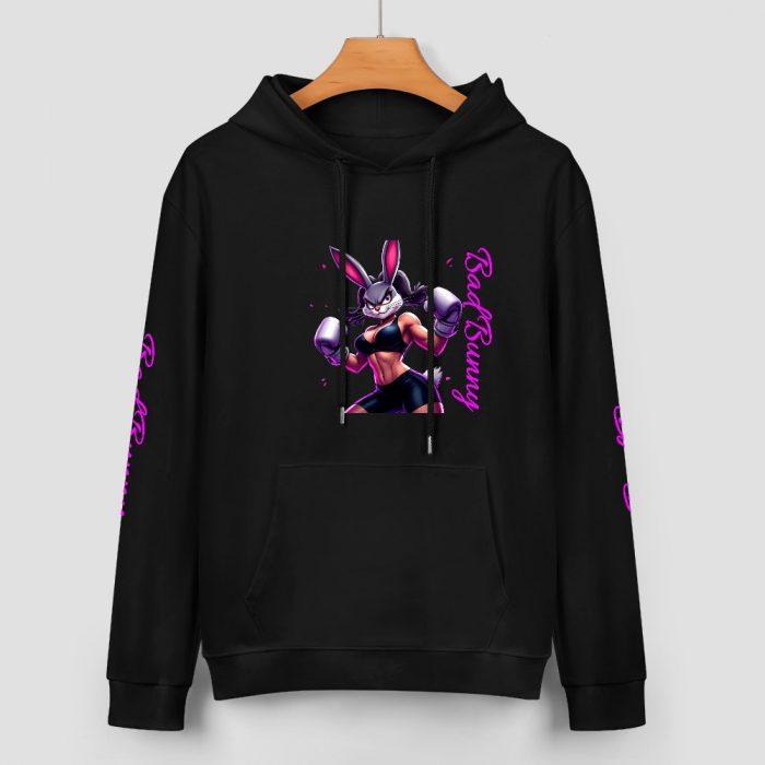 Bad Bunny Hoodie – Black Hoodie with Fierce Purple Bunny Graphic and Sleeve Lettering - Image 2
