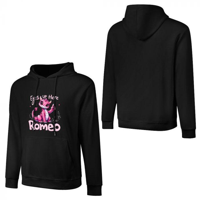 Eyes Up Here, Romeo Hoodie – Black Hoodie with Cute Pink Dragon and Flirty Text - Image 3